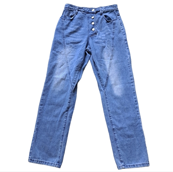 Misslook | Blue button up fly straight leg women's jean with styled fade - Picture 1 of 10